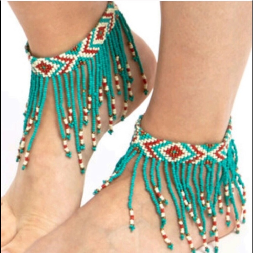 Pair of boho beaded fringe anklets